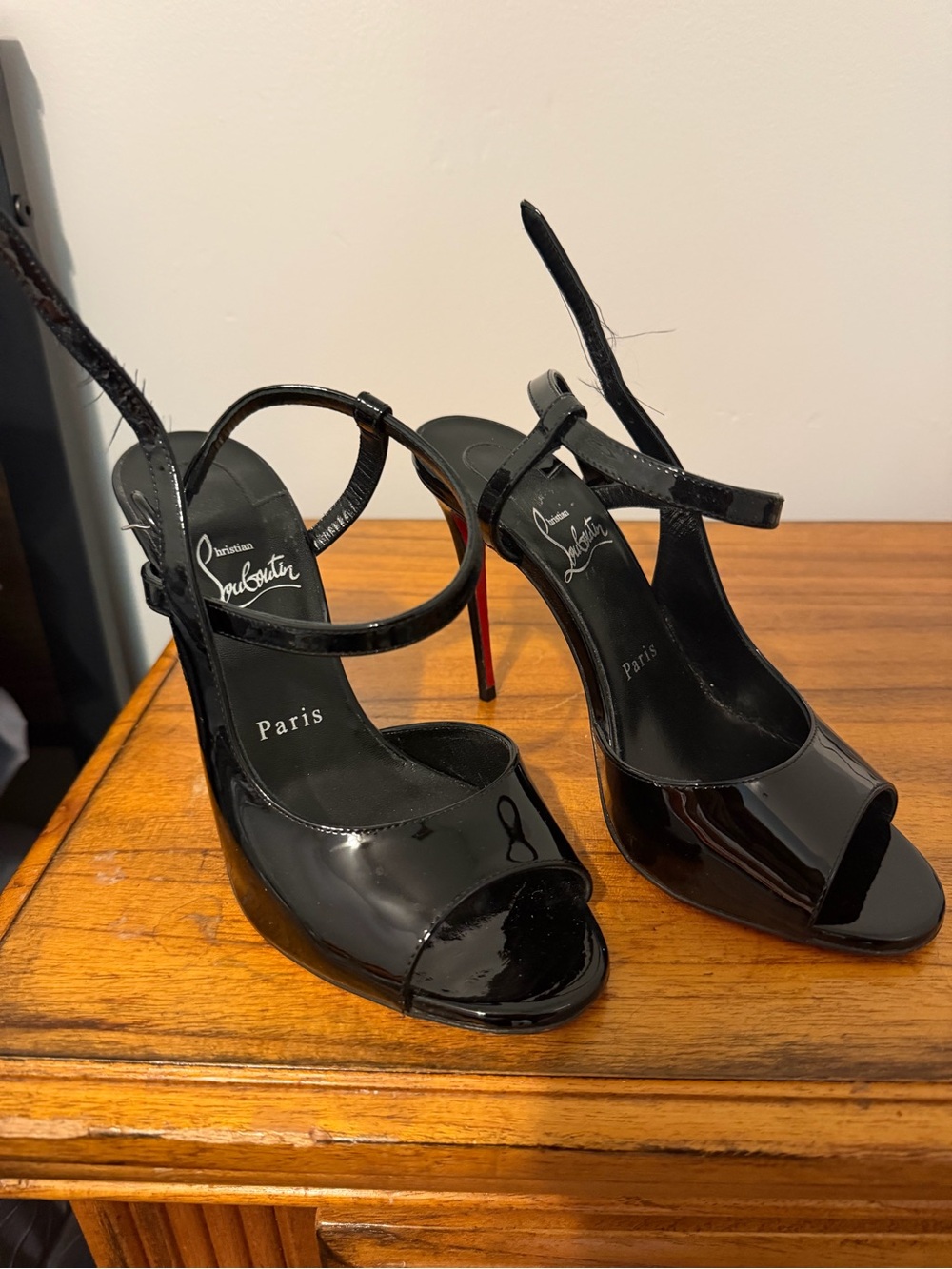 Christian Louboutin Black Patent Leather Peep-Toe Ankle-Strap Heels